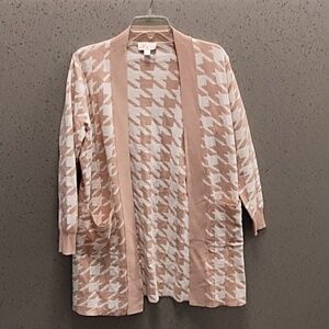 Belle by Kim Gravel pink and white houndstooth open front sweater size XSP